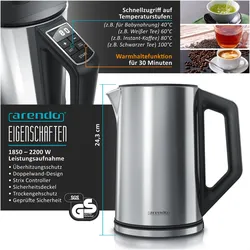 Arendo Frühstücks Set, Wasserkocher 1,5l Temperaturwahl, 4 Scheiben Toaster & Eierkocher für 6 Eier, Silber, Toaster, Silber
