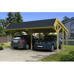 Skan Holz Harz Pultdach Doppelcarport mit schwarzen Schindeln-imprägniert (farblich unbehandelt) Holzcarport