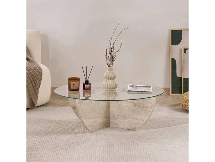 Table basse ronde en verre - pied croisé SALTA - Travertin