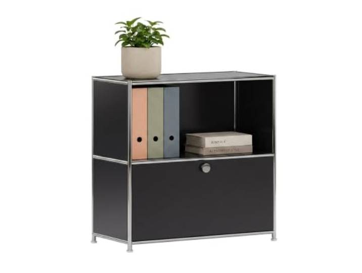 ofinto Cubox Metall-Kommode – Modulares Designer Sideboard Stahl, Schwarz Modulares Metallregal offen mit 1 Klappe, Premium-Stahl mit verchromtem Rahmen