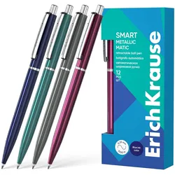 Druckkugelschreiber 0,35mm 12er Set Blau - Kugelschreiber Kulis Kulischreiber Stifte Schreibstifte für Schule & Bürobedarf - Smart Matic Metallic