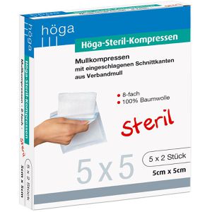 Höga Mullkompressen 04401859, aus Baumwolle, steril, 8-lagig, mit Falzkanten, 5 x 5 cm, 10 Stück