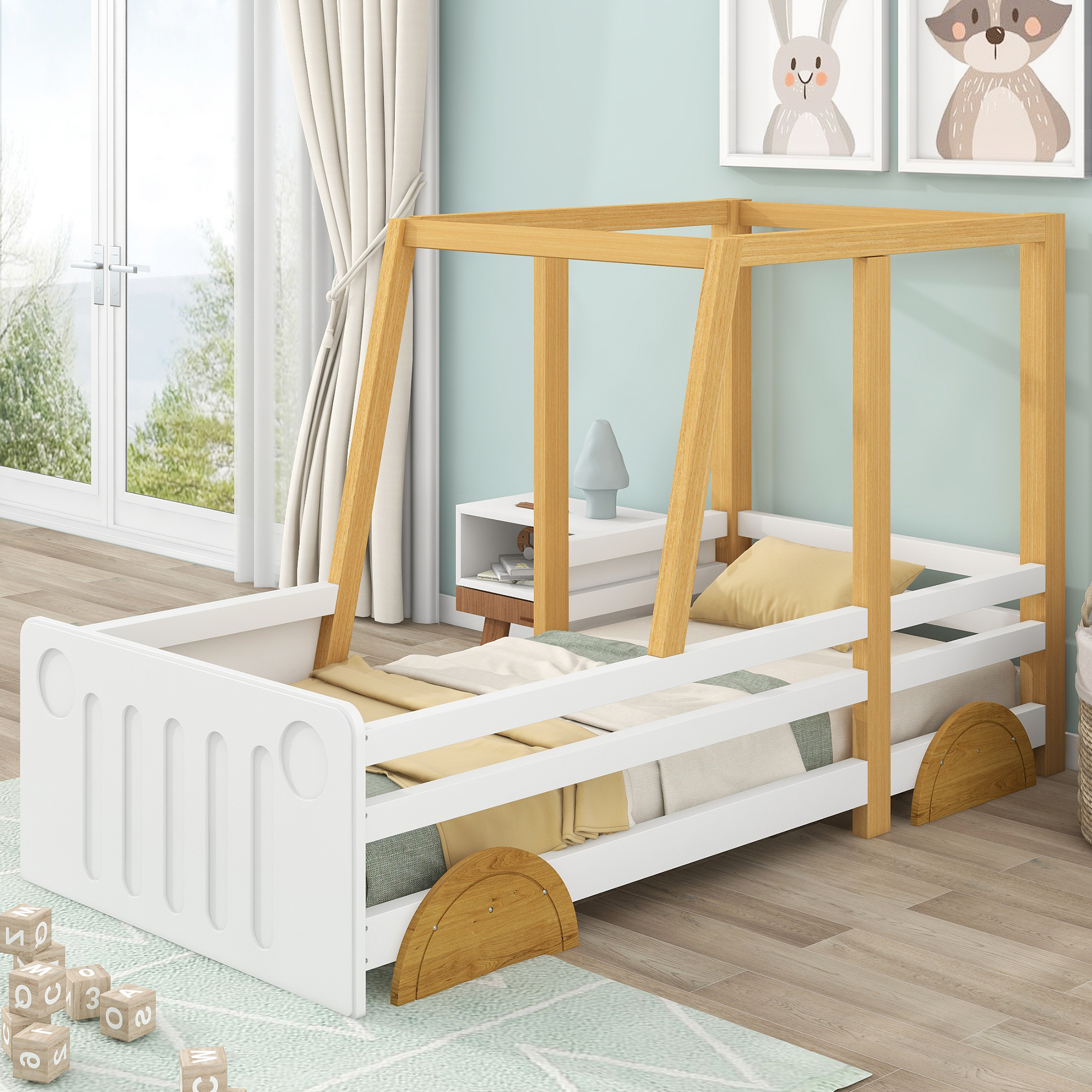 STILVORA Kinderbett 90x200cm mit Matratze, Autobett mit MDF-Rädern, Rahmen aus Kiefer, Sicheres und herzerwärmendes Design, weiß + natur