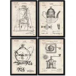 POSTER Set mit 4 Kaffeemaschine Vintage Patent Größe A4 Rahmenlos
