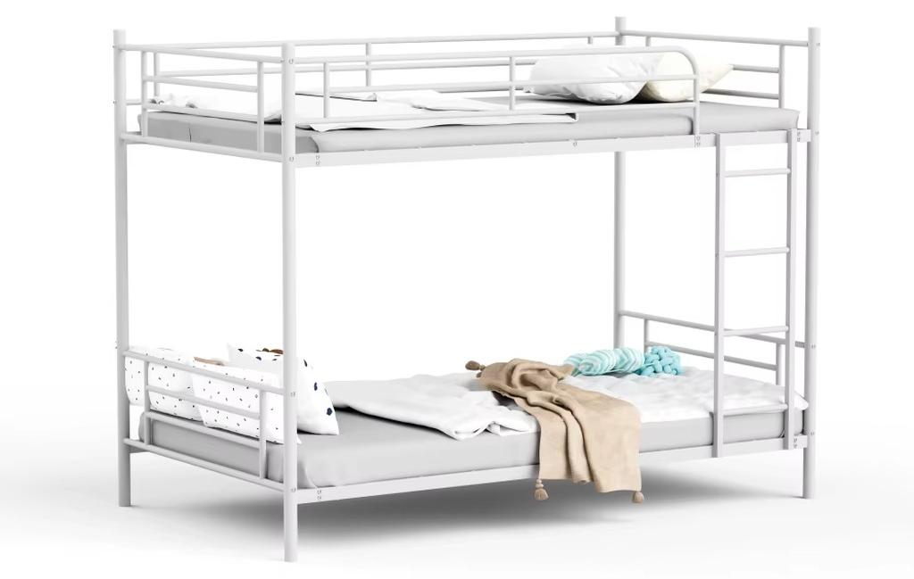 Etagenbett - Metall-Etagenbett - 90 x 190 cm - Stahlrahmen - Metalltreppe - Kletterleiter - Hohe Schutzumrandung - Weiß