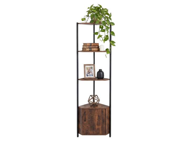 Relaxdays Eckregal Vintagebraun 5 Ebenen mit Schrank, Mehrfarbig, Holzwerkstoff, Metall, 44.5x147x30 cm, Wohnzimmer, Regal, Eckregale