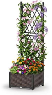 Costway Raised Garden Bed with Lattice Trellis, Drainage Self-Watering Elevated Vertical Planter Boxes-Black