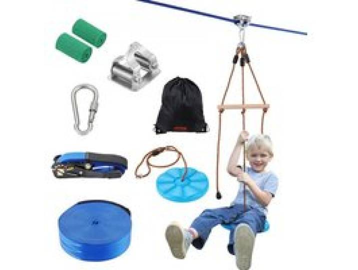 VEVOR Tyrolienne pour Enfants et Adultes 15,8 m, Kit de Tyrolienne Complet Charge 227 kg, Configuration Facile, avec Harnais de Sécurité en Nylon, Siège et Guidon, pour Jardin Arrière-cour Extérieur