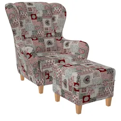 Supellex Sofia Ohrensessel mit Hocker   Design Patchwork Ornamente, Herz Rot