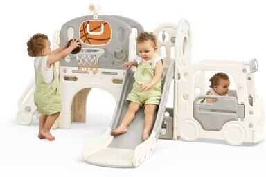 Ukuowu 10 in 1 Toddler Slide, Baby Climber Slide Indoor Playground with Bus Theme Playhouse, Basketball Hoop, Telescope, Soccer
