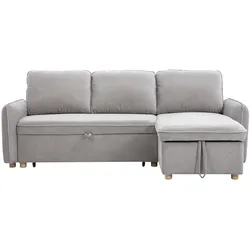 Ecksofa mit Schlaffunktion und umkehrbarer Abstellfläche 3-Sitzer in grauem Samt-Effekt Stoff und hellem Holz ORSO