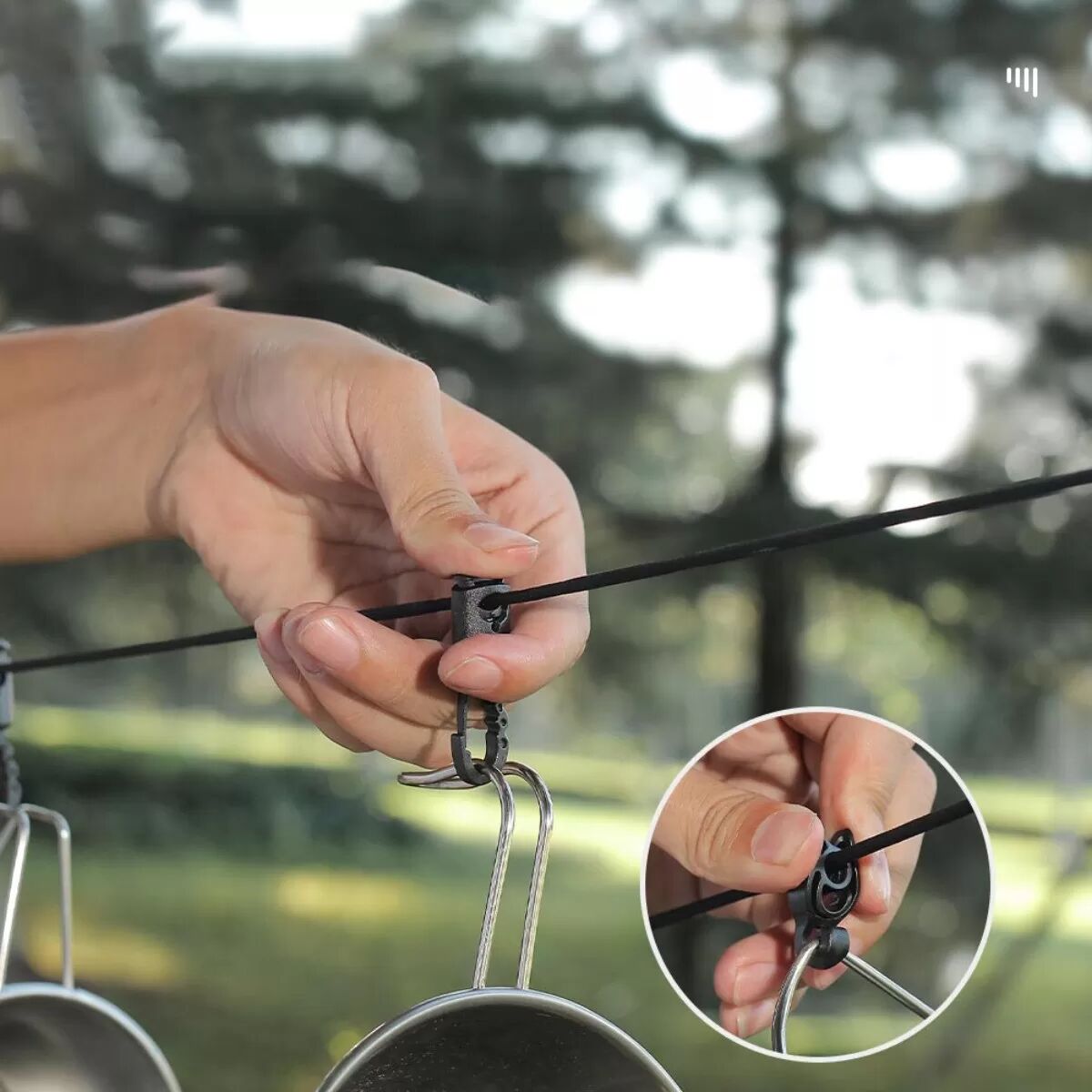 INF Outdoor-Aufhängeseil mit 10 Haken – verstellbare Paracord-Aufbewahrungsleine, kompakt schwarz