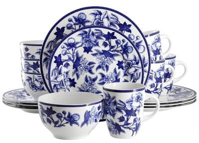 Elama Cattleya Orchid 16 Piece Round Porcelain Dinnerware Set in Blue and White