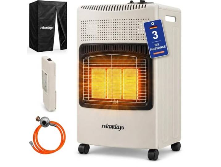 Relaxdays Chauffage au gaz\, blanc 3 plaques\, 1500-4200 W\, intérieur/extérieur\, roulettes\, bouteille de gaz