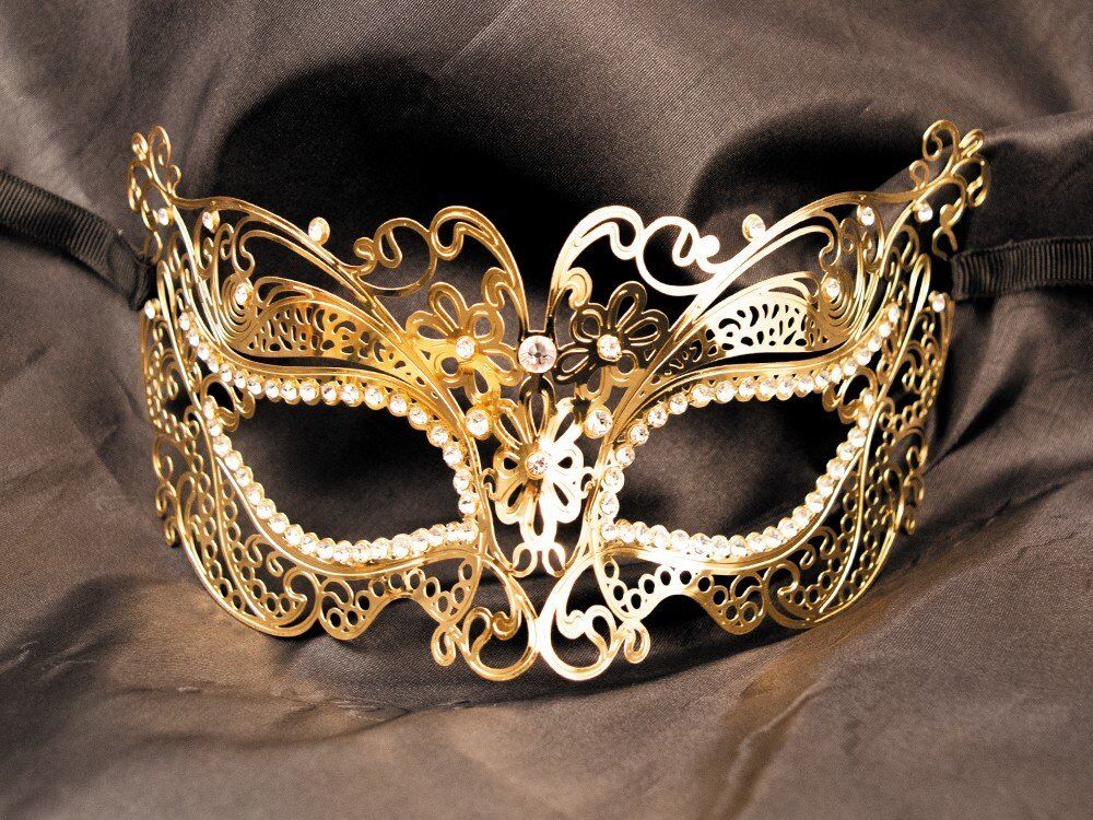 Masque vénitien Alba rigide doré avec strass - HMJ-039B