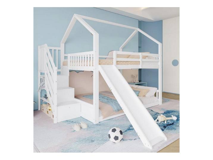 LuxusKollektion Hausbett Etagenbett 140x200 Weiß Hausbett mit Rutsche