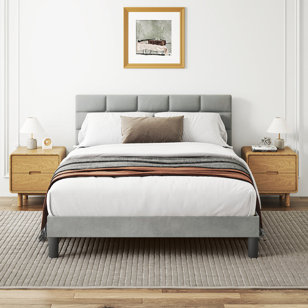 Neche Velvet Upholstered Platform Bed with Headboard Grey Kingsize (5')