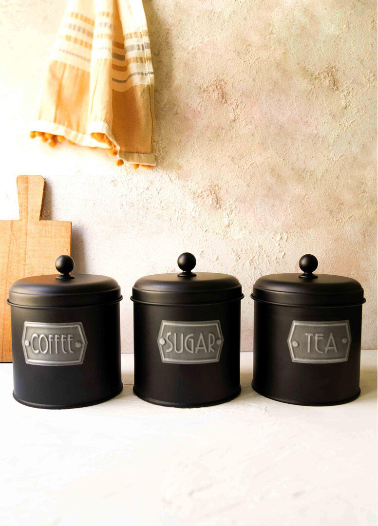 Brambly Cottage Coffee, Tea, & Sugar Jar Sets Jar Canister - Set of 3 Matte Black 17cm H x 13cm W x 13cm D