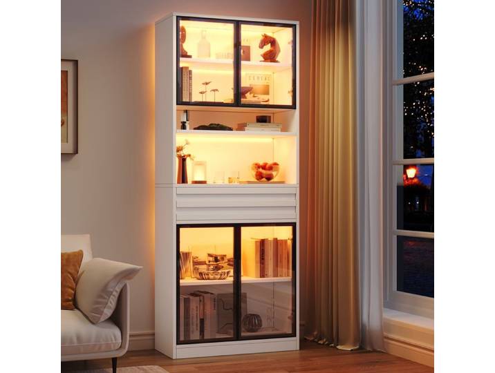 Modenuit Vitrine haute 80x35x200 cm en MDF 4 portes vitrées 1 tiroir LED RGB blanc