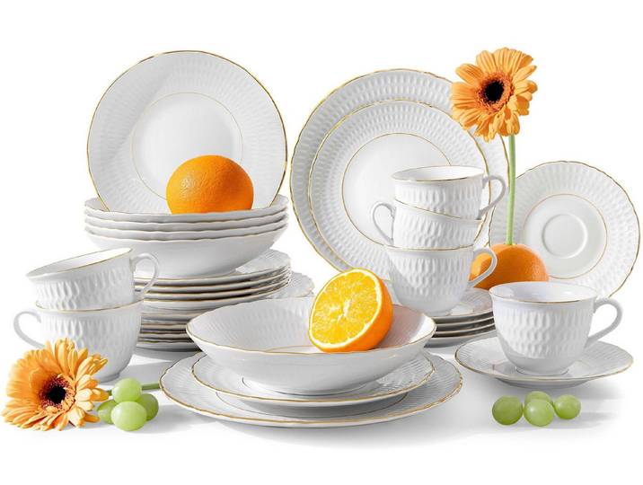 KONSIMO® Kombiservice CMIELOW SOFIA Kaffeeservice, Tafelservice, Geschirr-Set (30-tlg), 6 Personen, Porzellan, Hochwertiges Premium-Porzellan, handgemalte Dekoration in echtem Gold