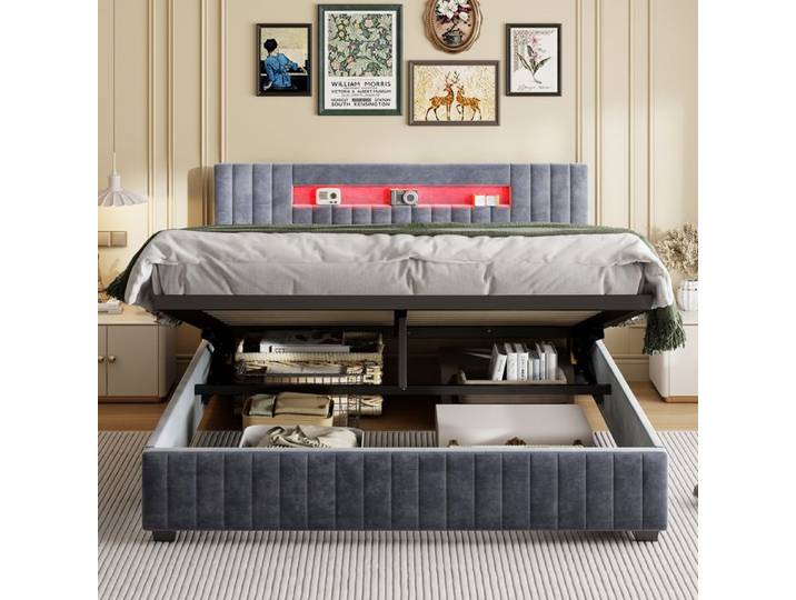 Lit double 160x200cm avec LED SORVAGLOS lit coffre 160x200cm sommier à lattes gris velours 2 places Design contemporain