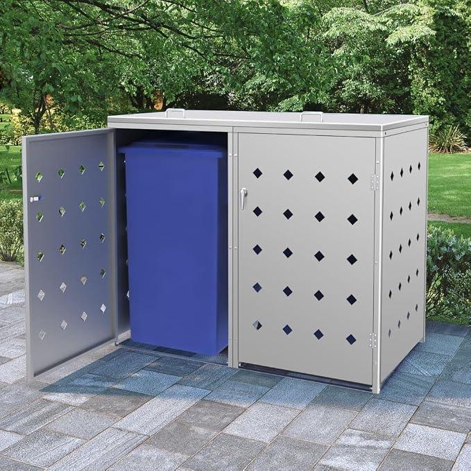 Mülltonnenbox für 2 Tonnen 240 L Edelstahl Mülltonnenhaus Stahl verzinkt, Mülltonnenverkleidung aus Metall 2 Tonnen 1