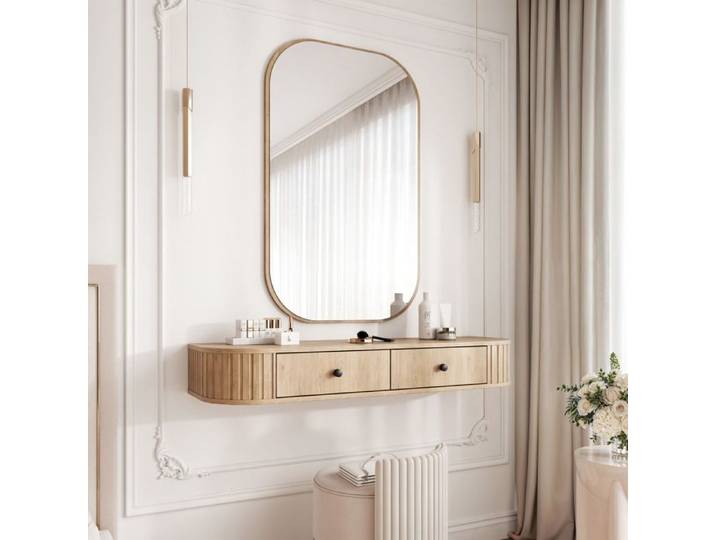 Coiffeuse mural OVALINE - avec miroir ovale - 2 tiroirs - 123x36x17 5 cm - Chêne Cremona
