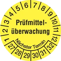 König Werbeanlagen Prüfplakette ab 27, Prüfmittelüberwachung Nächster Termin, gelb/schwarz, Folie, Ø 20mm - Bogen = 10 Stk. - 20 mm Folie selbstklebend