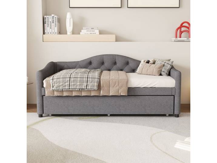 Lit banquette 90x200 avec lit gigogne extensible canapé-lit en lin gris