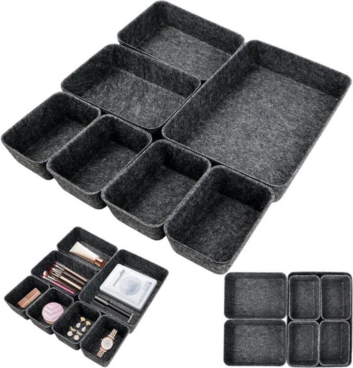 Set van 7 stapelbare ladeorganizers van vilt voor kasten, bureau en nachtkastje, 3 maten