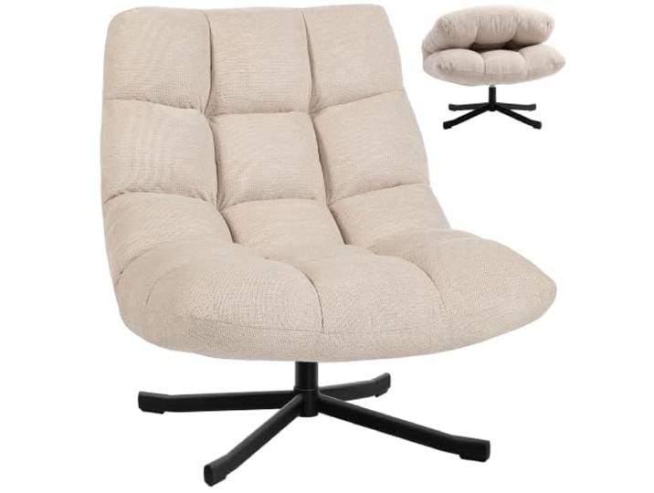 HOMCOM Drehbarer Salonstuhl ohne Armlehnen, wasserdichter Stoff, Creme Chenille-Sessel, breiter Polstersitz, Kreuzstahlbeine, für Schlaf & Wohnzimmer