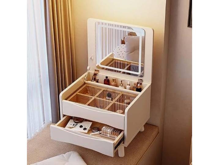 Dalumian Schminktisch mit Erkerfenster, Schminktisch aus Holz Klappspiegel, 3-farbig dimmbar, Schublade und Tischplatte aus Sicherheitsglas, für Mädchen Frauenzimmer(B,60*40*43.2cm)
