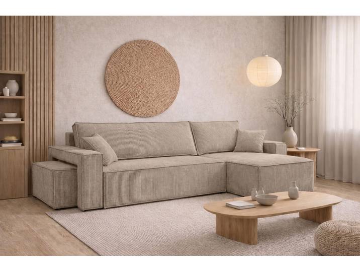 Kaiser Möbel Ecksofa mit Schlaffunktion und Pouf, Cordstoff Poso, Dunkelbeige, Rechts, BEST L mit Pouf