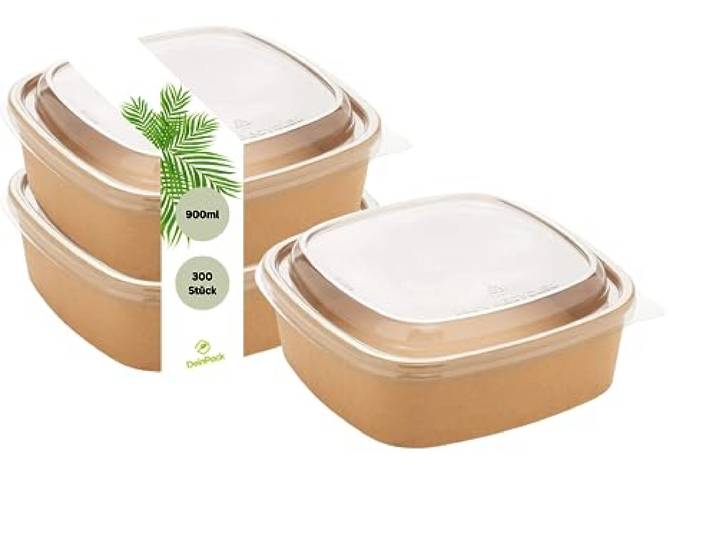 DeinPack 300 Salatschalen 900ml to go Schalen mit Deckel braun eckig I Recycellbare Schalen Kraftkarton Verpackung mit PLA Beschichtung I Suppenschale Eisschale Deckel aus recyceltem PET