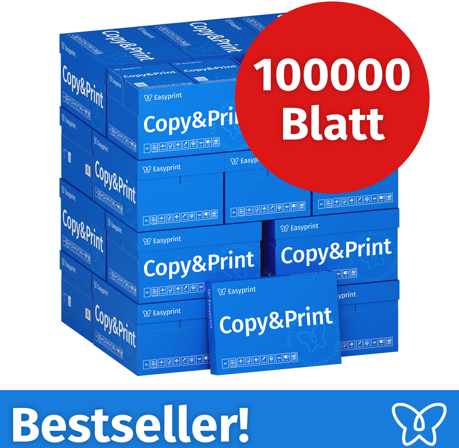 Easyprint Druckerpapier Kopierpapier 100000 Blatt 20 x 5000 A4 Premium Hochweiß CIE 160 Testsieger PEFC zertifiziert