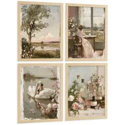 POSTER 4er Bilder-Set Wandbilder Rosen Ölmalerei modern Wohnzimmer Deko, Schlafzimmer, Küche, Badezimmer Leichter Holzrahmen A3