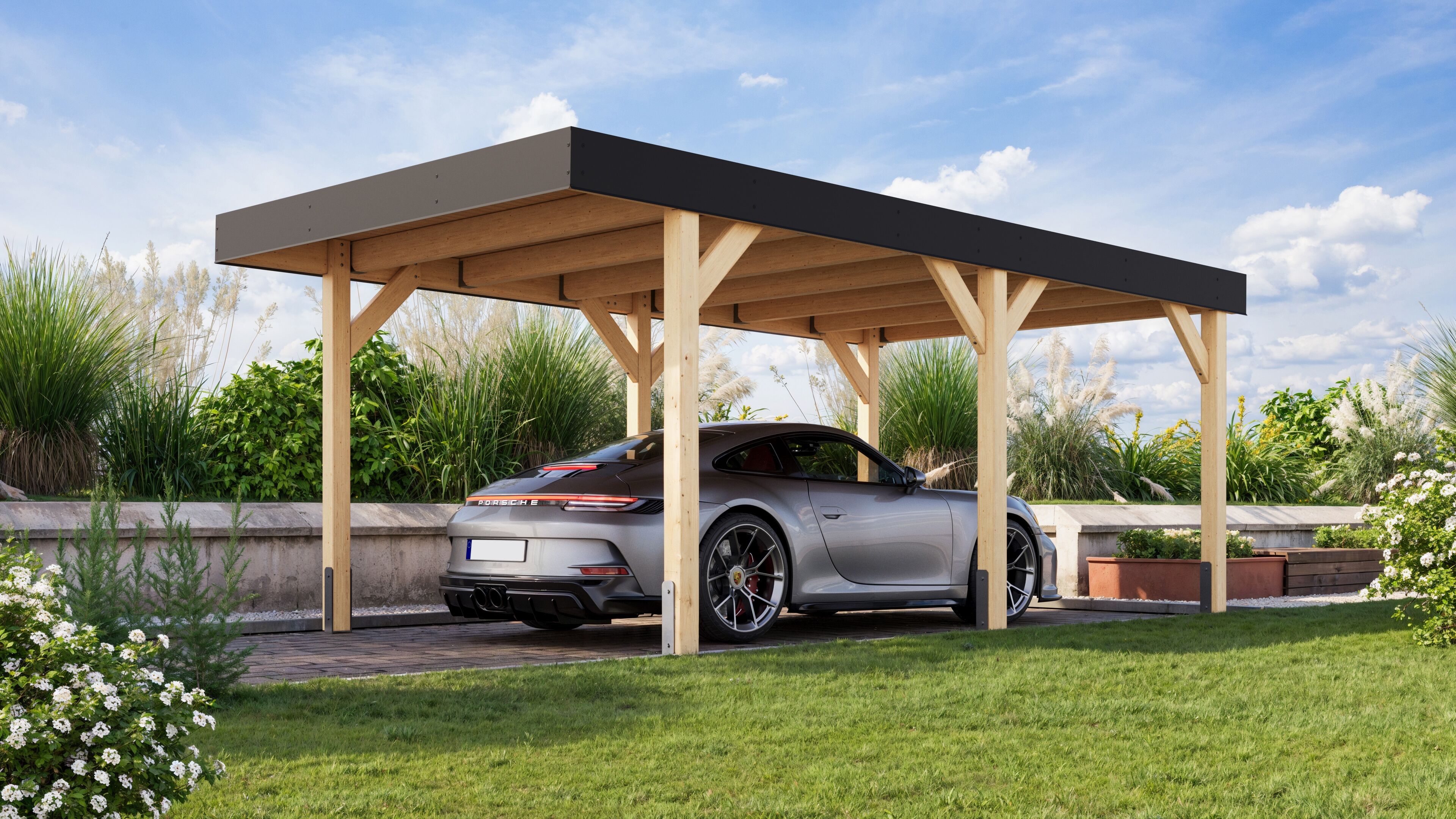 Einzelcarport KARIBU "aus kesseldruckimprägniertem Massivholz", beige (naturbelassen), B/H/T: 211,5cm x, Carports, Einzelcarport, schützt das Fahrzeug das ganze Jahr über vor Witterungseinflüssen