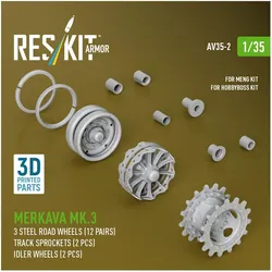 ResKit Merkava Mk.3 steel road wheels (12 pairs), track sprockets (2 pcs), idler wheels (2 pcs) for Meng/Ho