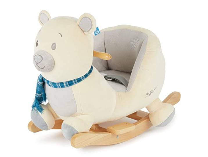 Bieco Plüsch Schaukeltier Eisbär Lars 60 cm Kinder Schaukelstuhl mit Sicherheitsgurt Baby Schaukel Schaukel Kleinkind Schaukeltier Baby Schaukelwippe ab 9 Monate Schaukelpferd Holz