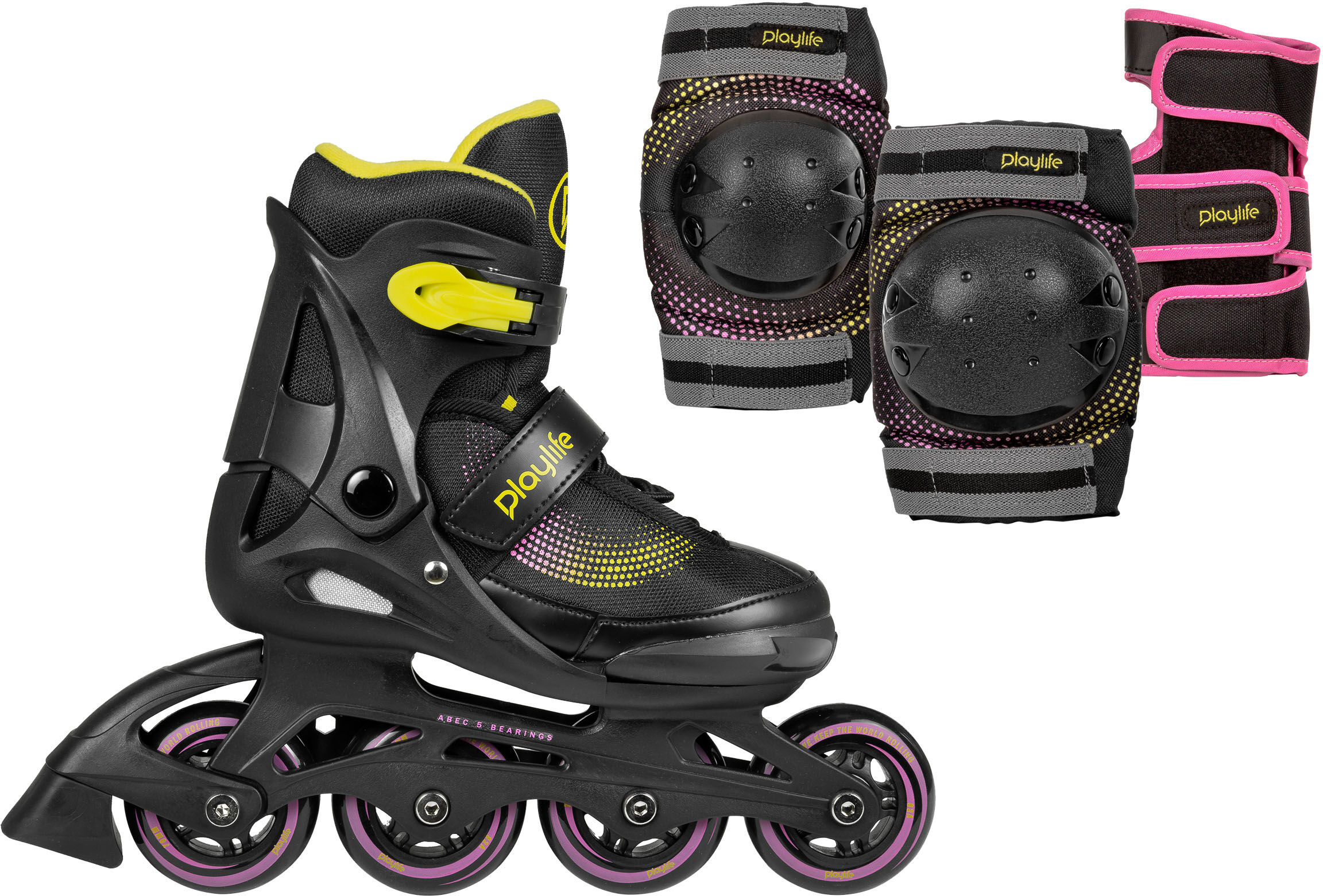 Inlineskates PLAYLIFE "Playlife Joker" Gr. 37,5, bunt (gelb, pink, schwarz), Inlineskates_Rollschuhe, Kinder, 37,5/40 (bis 50 kg), Kunstfaser, Inlineskates, mit Schutz Set bestehend aus Knie-, Ellenbogen-, Handgelenkschützern gelb, pink, schwarz 37,5/40 (