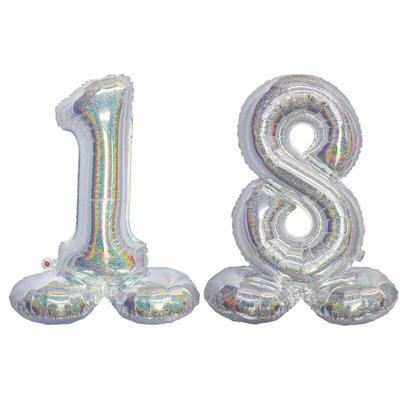 Stehender XL Folienballon Zahl 18 silber holografisch 72 cm 18. Geburtstag