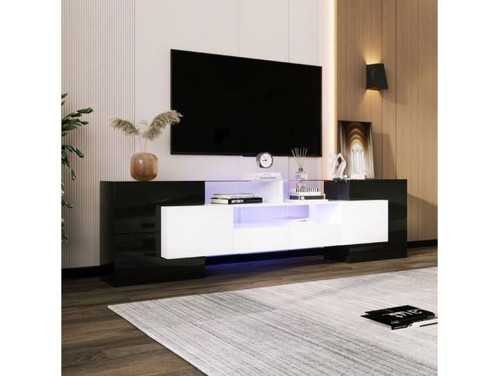 Meuble TV panneau bas. Haut brillant blanc et noir 200 cm éclairage LED meubles de salon. surface de verre élégante.200x35x60cm