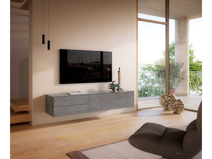 Meuble TV Cuor 180 cm Céramique Béton gris 1 Clapet 2 Tiroirs Flottant