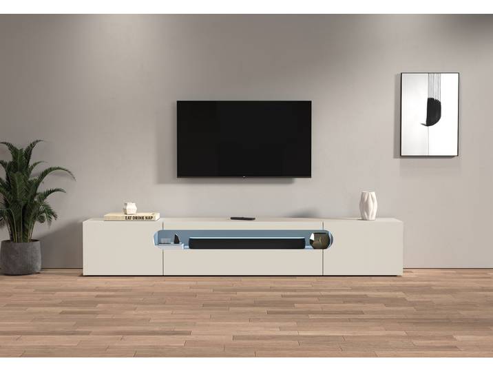 Lowboard HOME AFFAIRE REAL TV-Möbel, 240 cm breit, 40/60 cm hoch, Hochglanz oder matt , weiss (kaschmir matt), B:240cm H:40cm T:40cm, Sideboards, Lowboard, mit 2 abgerundeten Türen, 1 Klappe, die ein ovales offenes Fach bilden