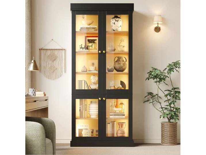 Vitrine Haute 80 x 40 x 180 cm - LED Multicolore Portes Vitrées Étagères Anti-Basculement Noir