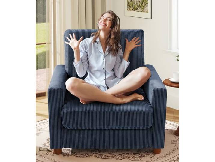 Kidirect Cord Sofa 1 Sitzer, 90CM Bequemes Couch, Sofa Wohnzimmer Big Sessel 57CM Extra Tiefe Sitze, Werkzeugfreie Montage, Modernes Sofa Klein fürs Büro, Ohrensessel Schlafzimmer Sofas Blau