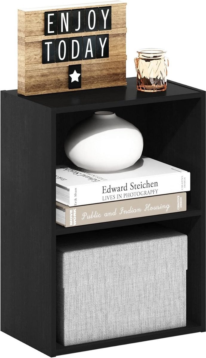 2-laags boekenkast met open planken in zwart hout