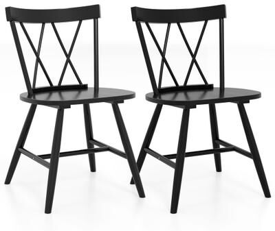 Costway Farmhouse Kitchen Dining Chair Set of 2 with Rubber Wood Frame-Black