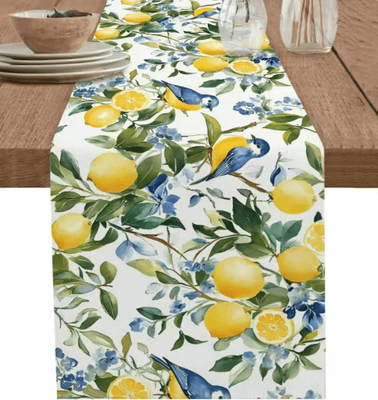 Inspire Picks Lemon Tree Linen Table Runner With Blue Birds Vintage Floral Holiday Table Decor 01 275x33cm 108x13inch