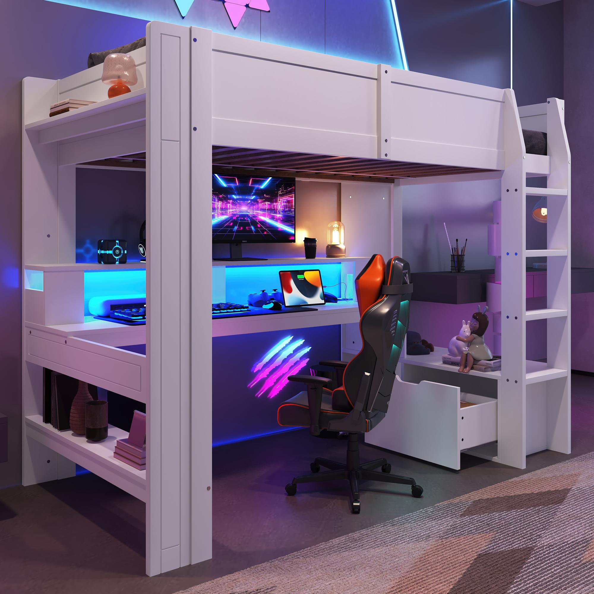 Merax Etagenbett Hochbett 90x200 cm, Kinderbett mit Schreibtisch, LED, Schublade, Regal, Geländer, Stockbett, Jugendbett, Weiß